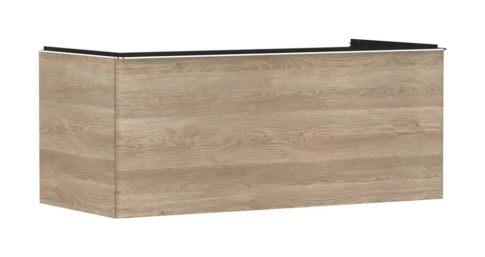 Waschtischunterschrank in Holzoptik von Hansgrohe, mit glatter Oberfläche und einem Schubkasten, geeignet für die Montage mit einem Aufsatzwaschtisch.